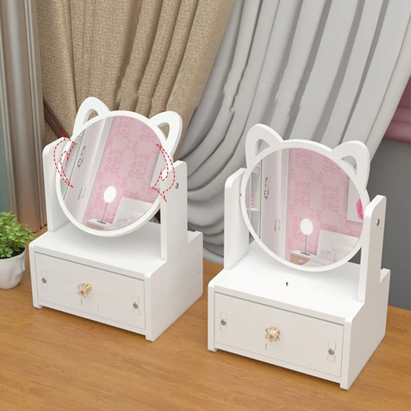Makeup Mirror Rotate Makeup Mirror with Drawers Cosmetic Storage Box Dressing Table Jewelry Organizer Desktop Necklace Rack Rings Earring Case