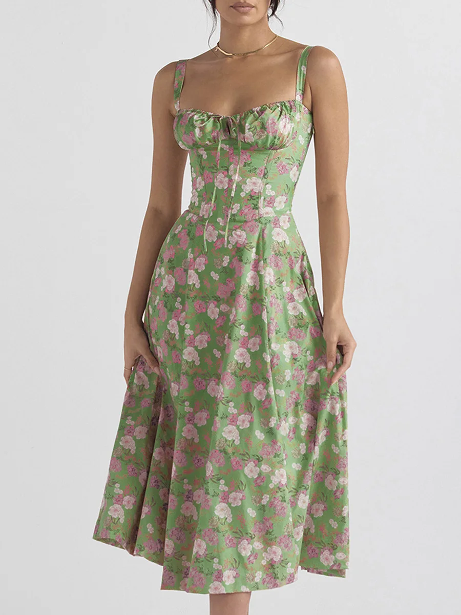 

Women's Summer Floral Loose Midi-Length Dress Sleeveless Low Cut Strappy Floral Party Dress Suitable for Seaside Beach Dress
