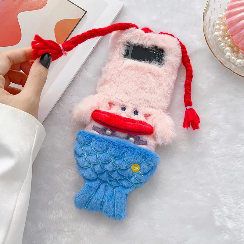 

Case For Samsung Galaxy Z Flip 4 Z Flip 3 Plush Large mouth Braid Mermaid Mobile Phone Case Cover