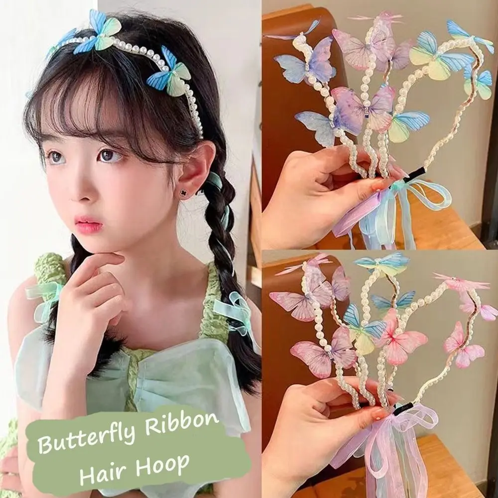 

Head Wear Butterfly Ribbon Hairband 3D Gradient Color Children Pearl Headband Korean Style Hair Clip Moving Wings Hair Hoop