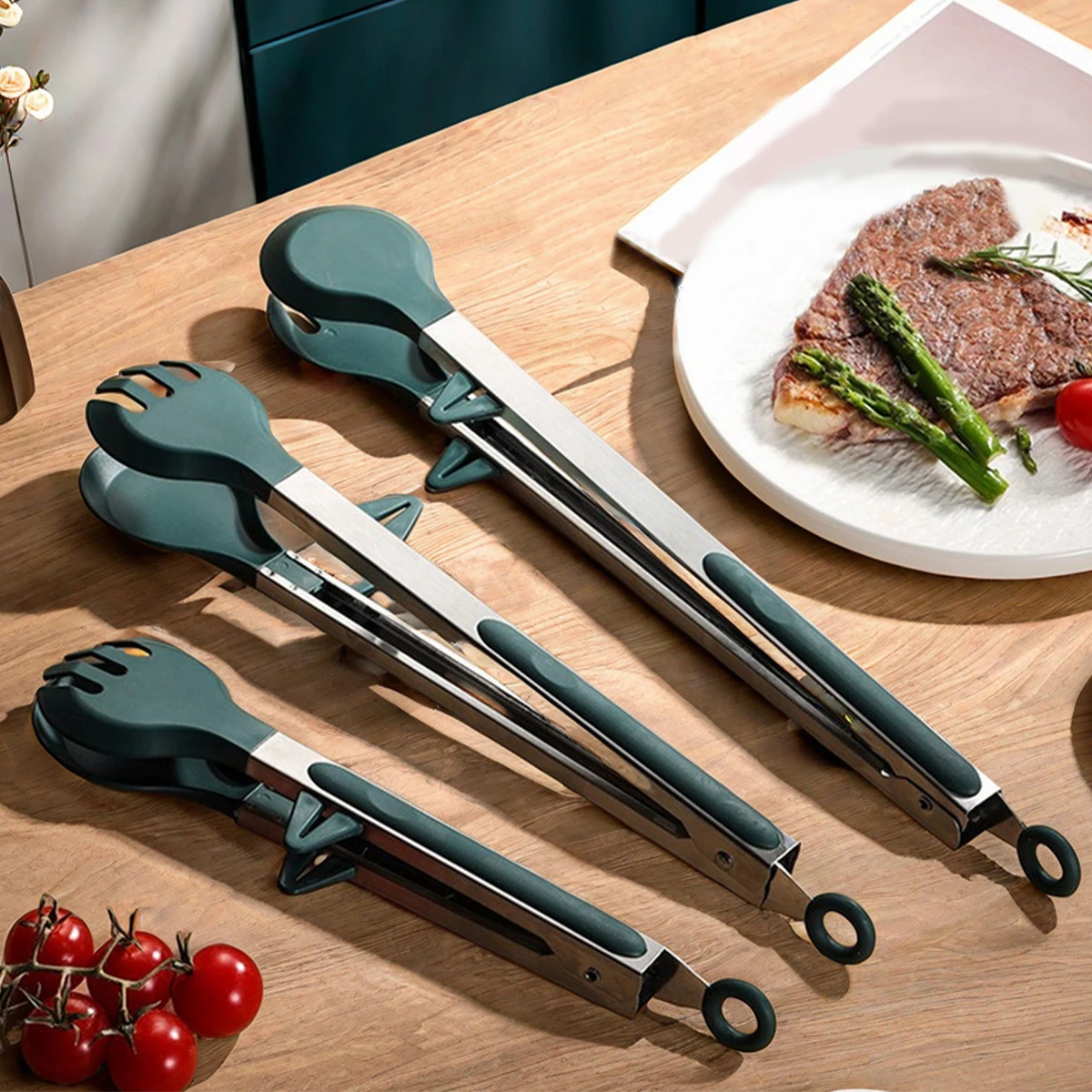 Stainless Steel Locking Cooking Tongs 9/12/14inch With Bracket Kitchen Non-Slip Food Clip