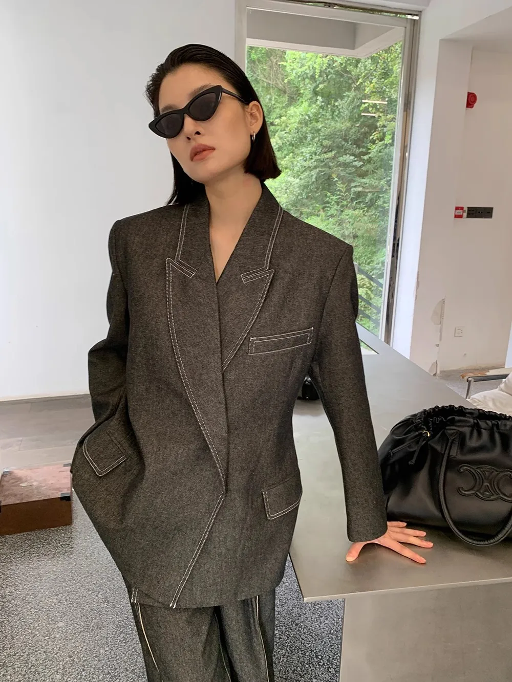 Two Pieces Patchwork Button Chic Suits For Women Lapel Long Sleeve denim Temperament Designer Jackets Coats Female New sets 5