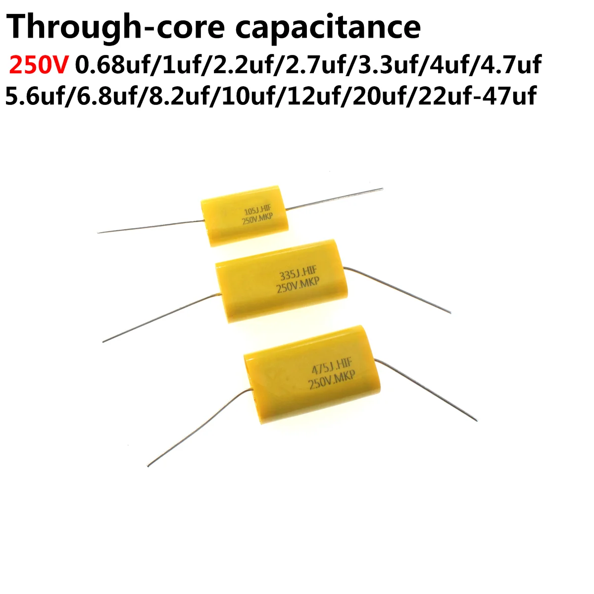 Capacitor audio de MKP, amarelo, 0,1 uF, 0,22 uF, 5,6 uF, 6,8 UF, 7,5 UF, 8,2 UF, 10uF, 22uF
