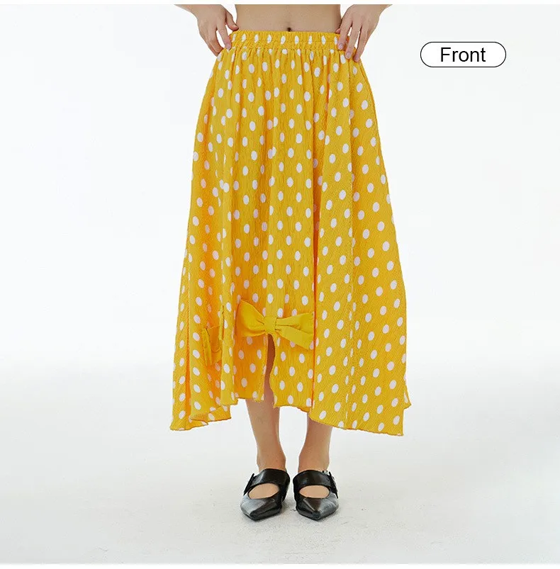 Polka Dot Skirt   Women’s Spring summer loose slimming  dots print bow womens Midi skirts for woman in yellow