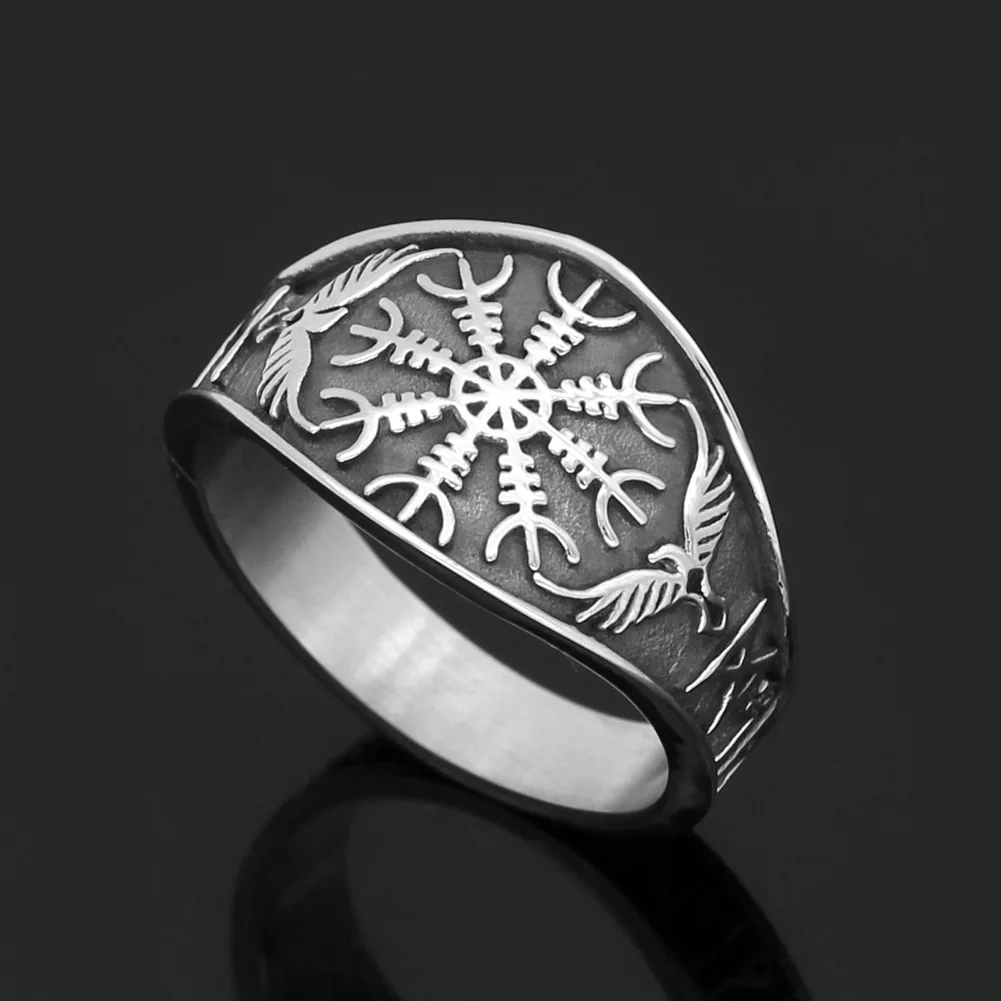 

Nordic viking odin symbol Raven Rune Vegvisir Stainless steel Ring With Valknut Gift Bag