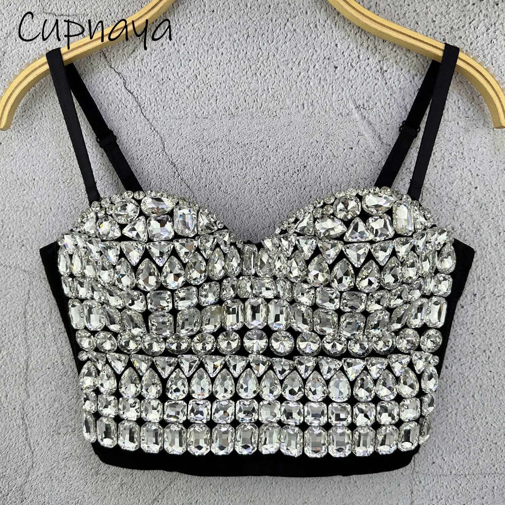 

Cupnaya Crystal Women Sexy Short Waist Corset Black Bustier Show Sparkle Crop Tops for Party Pole Dancer Bra Pad Tube Tanks