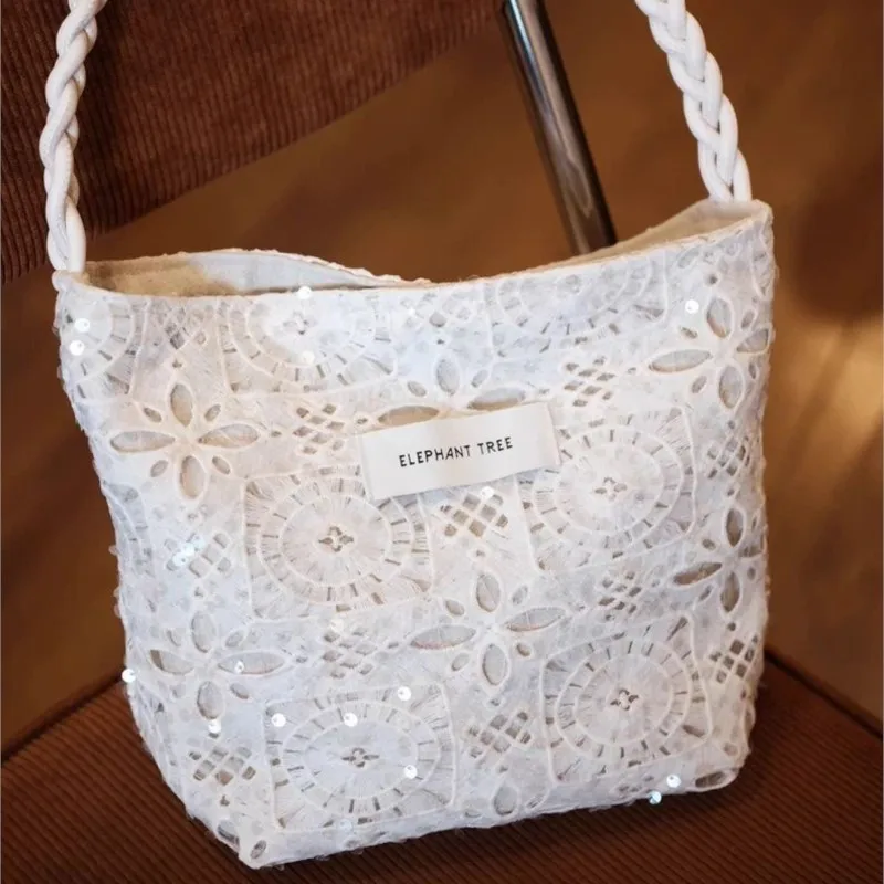 Fashion White Sequined Canvas Bag Women Lace Large Capacity Niche Shoulder Bags Ladies Stylish Versatile Hollow Out Handbag 2025