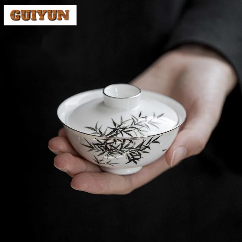 75ml Exquisite Hand-painted Bamboo Gaiwan Mini Ingot Hand Grab Bowl Tea Tureen Tea Maker Cover Bowl Services Supplies Craft