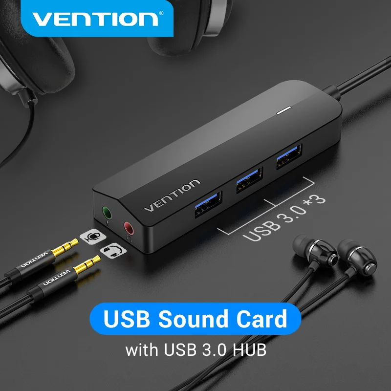 Vention Usb Placa de Som em Externo Placa de Som Usb para 3.5 mm Adaptador de Áudio para Computador Portátil com Fone de Ouvido Microfone Usb 3.0 Hub