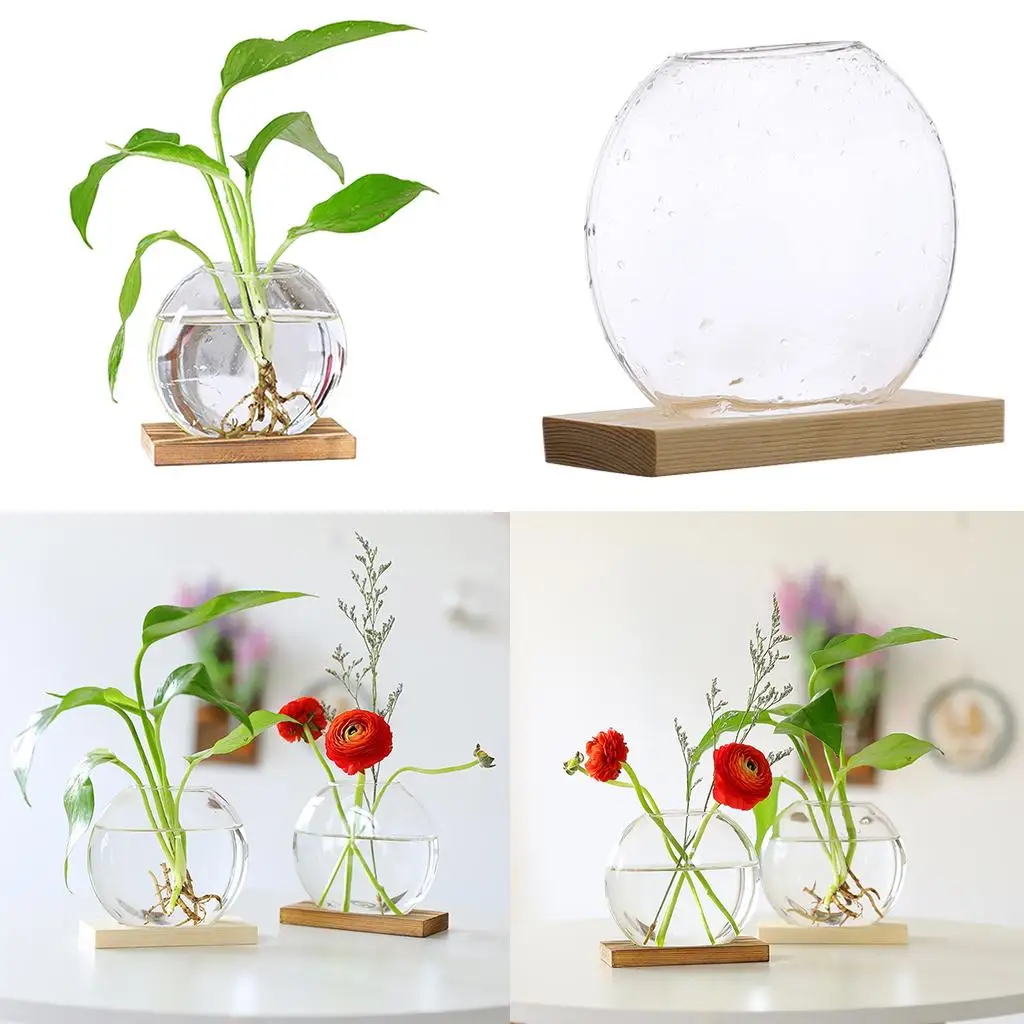 Mini Clear Hydroponic Plants Vase Decorative Planter with Wooden Stand
