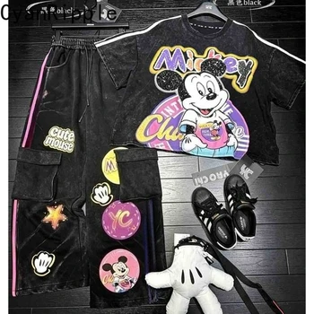 Trendy New Spring Summer Women Two-piece Set Sequins Mickey Loose Short Sleeve T-shirt Top + Elastic Waist Casual Straight Pants 1