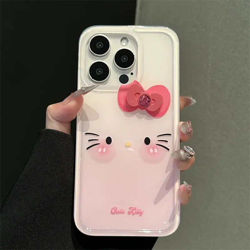 ハローキティピンクハロー染色 3D 弓漫画電話ケース iphone 14 12 13