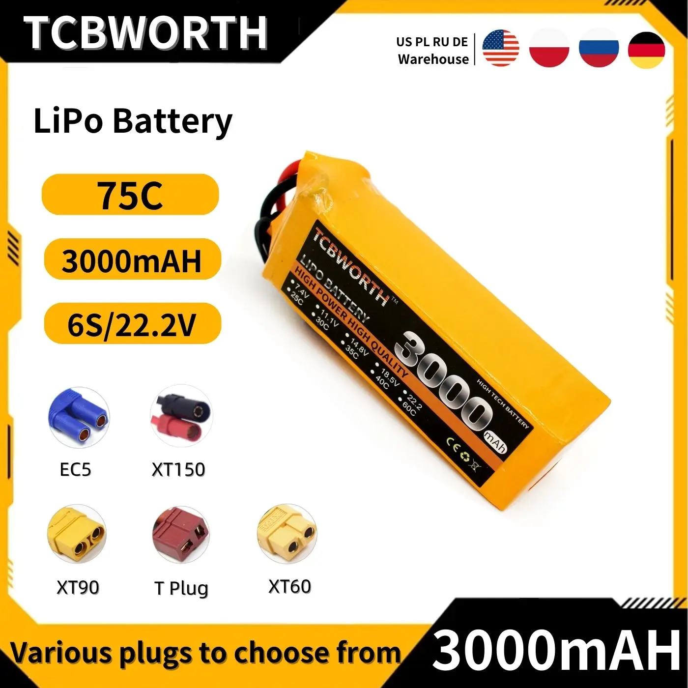 

Аккумулятор LiPo TCBWORTH 6S 3000 в EC5, 22,2 мАч, 75C, мягкие Аккумуляторы для радиоуправляемого самолета, автомобиля, самолета, лодки, грузовика, танка, дрона, вертолета