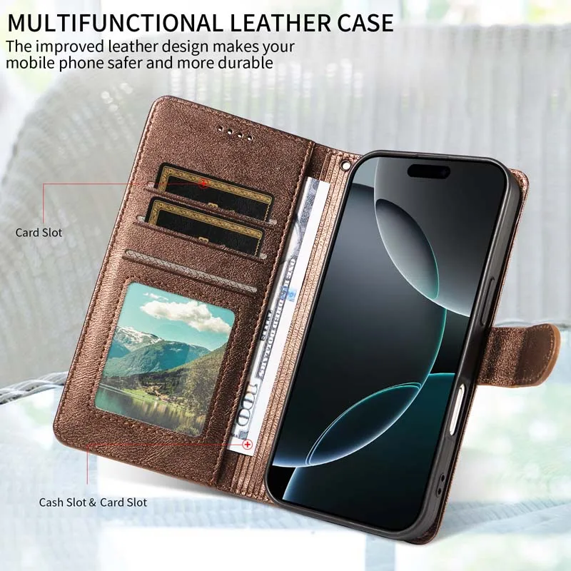 Elegant Leather RFID Blocking Phone Case with Anti-Theft Protection and Flip Wallet Design
