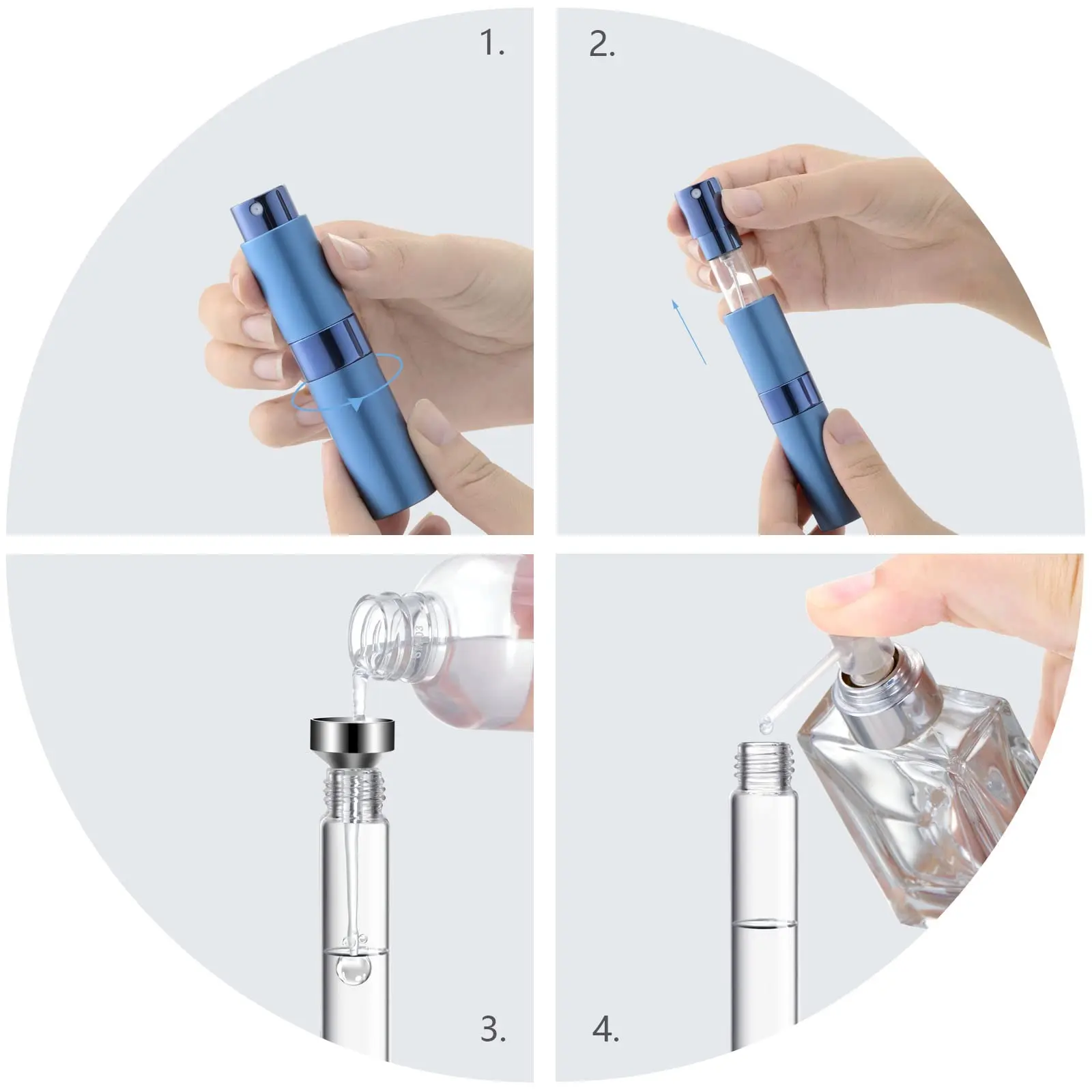4PCS+6 Accessories Perfume Atomizer Refillable with 5 Spray Bottles, 2 Aluminum Funnel, 2 Dispensing Shenanigans, 2 Spring Straw 5