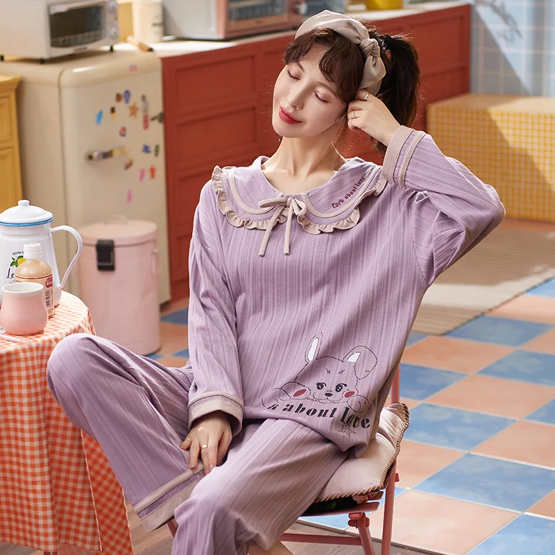 New Cotton Pajama Sets Women Sweet Girl Lounge Cute Sleepwear Long Sleeve Casual Nightwear Female Pijamas Comfortable Loungewear