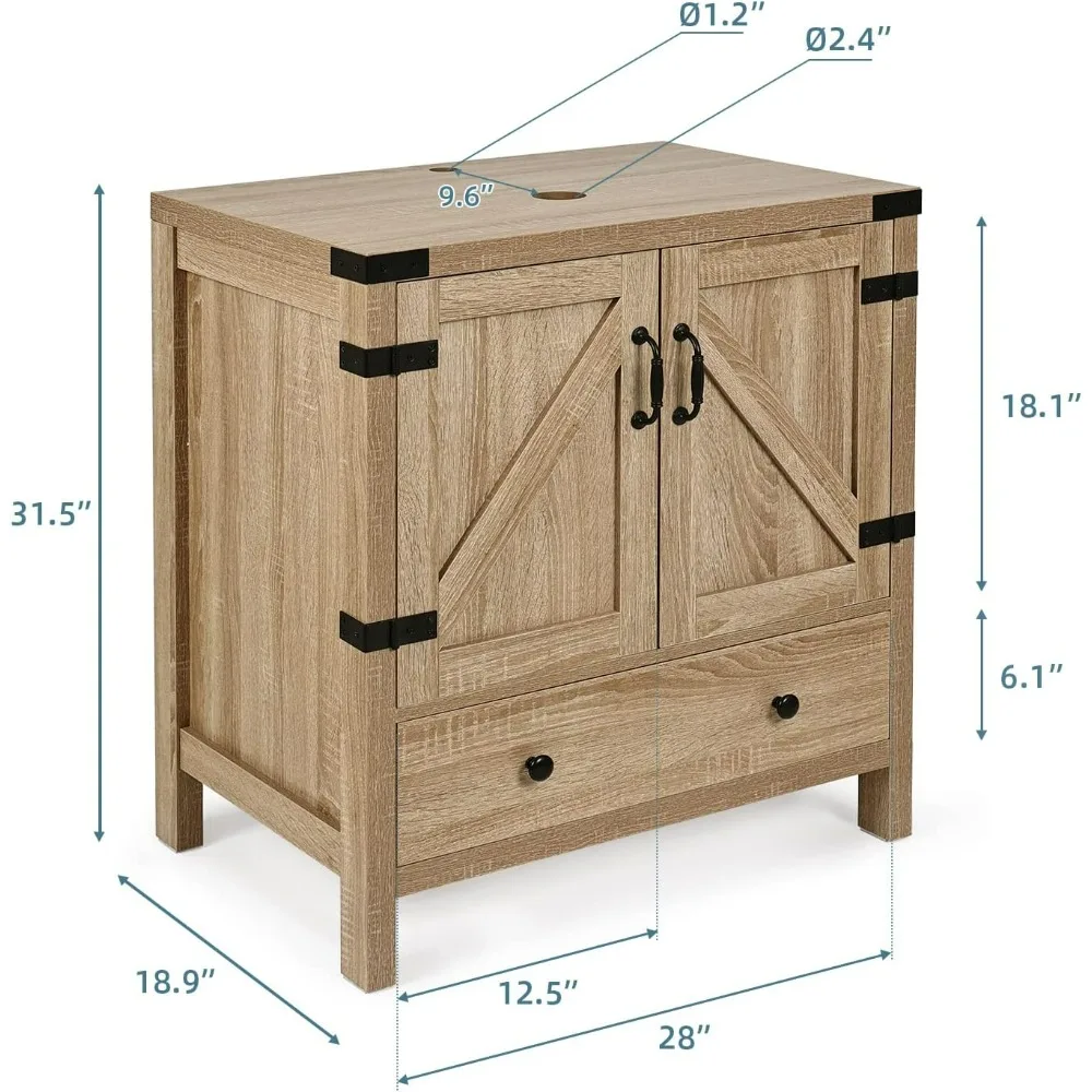 28 inch Natural Color Bathroom Vanity, Modern Fixture Standing Pedestal Cabinet with White Ceramic Sink 2