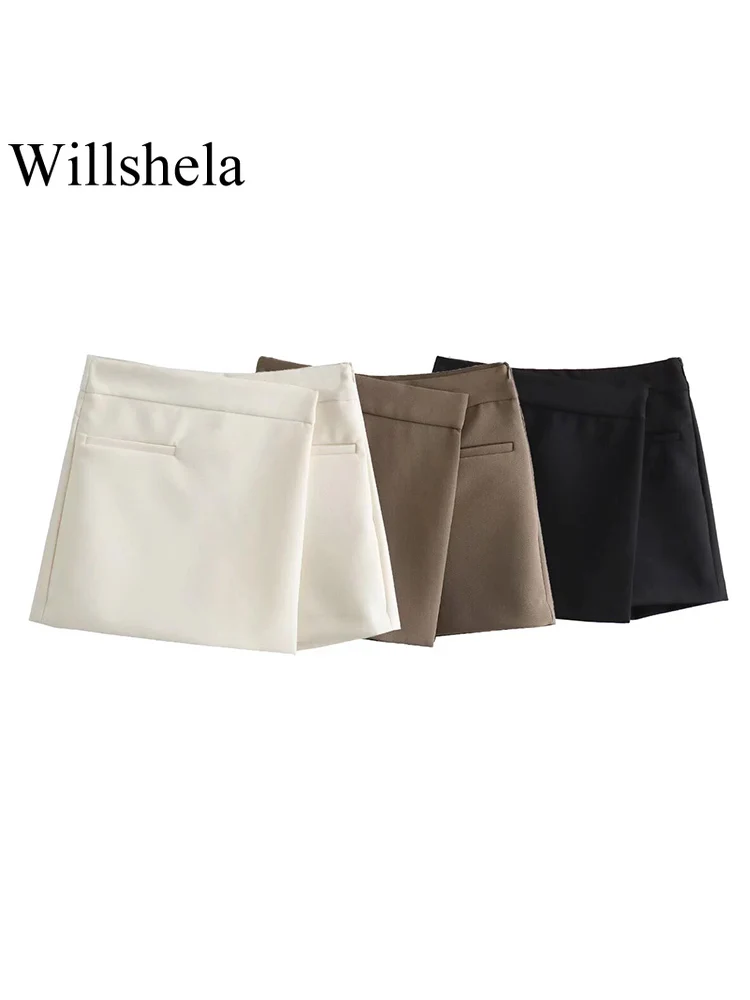 

Willshela Women Fashion Solid Asymmetrical Side Zipper Mini Skirts Shorts Vintage Mid Waist Female Chic Lady Shorts