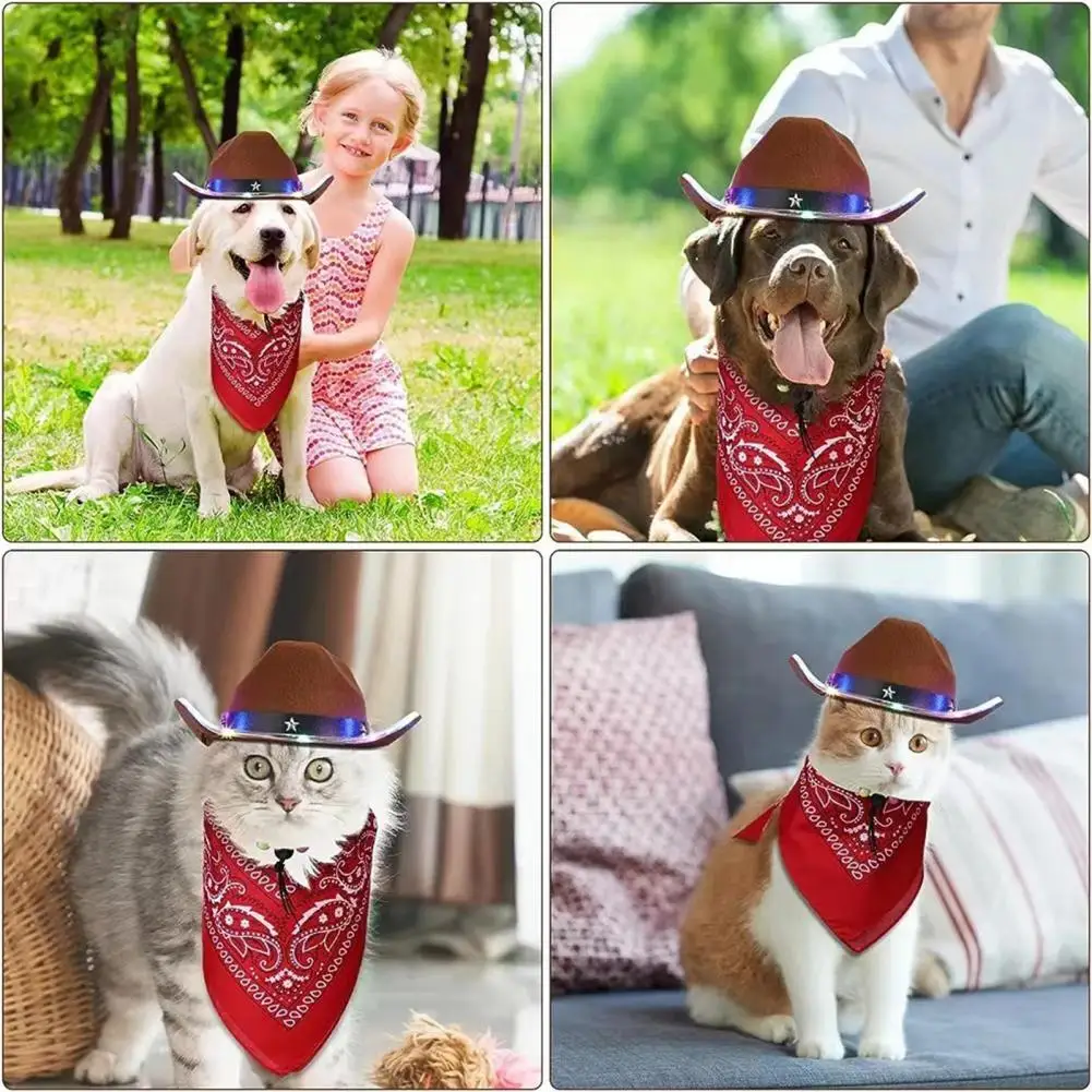 Comodo Costume per cani leggero cappello per animali domestici carino con luci Costume per animali domestici festivo cappello da Cowboy regolabile per cani Set Bandana per la festa