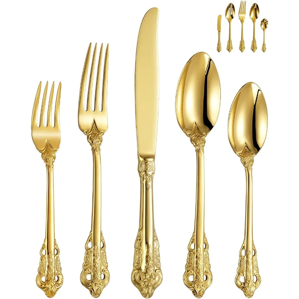 

Великолепные наборы столовых приборов из 45 предметов в золотом корпусе стальные ножи и вилки набор ложек в античном стиле барокко позолоченный набор столовых приборов вилка