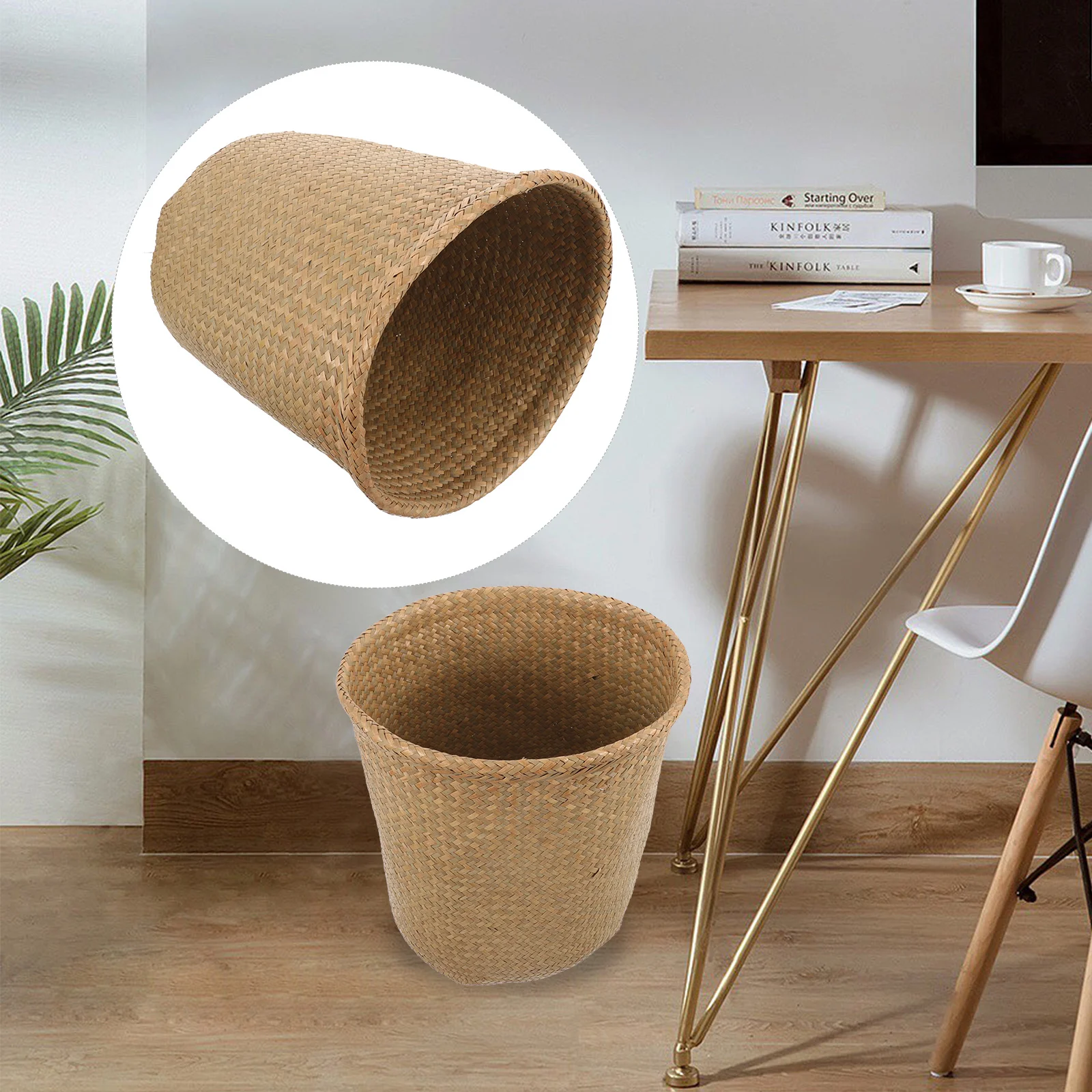 

Rattan Waste Basket Straw Trash Can Seagrass Woven Wastebasket Clothes Hamper Bedroom Round Trash Bin Storage Holder