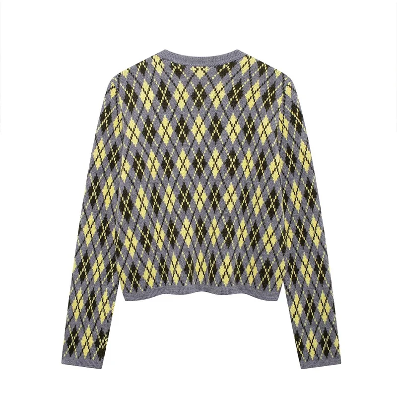 Plaid Knitted Slim Cardigan Women Autumn O-neck Long Sleeve Metal Button Short Sweater Coat Lady All-matching Knitwear New