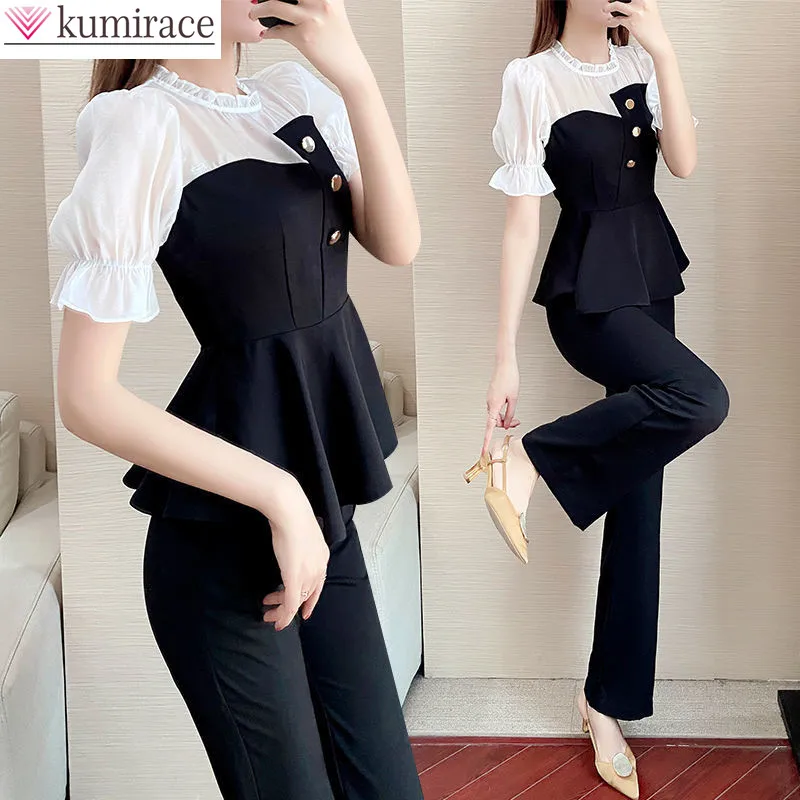2022 Summer French Chiffon Stitching Elegant Women's Pants Set Lace Lace Pleated Casual Shirt Trousers Two-piece Set Tracksuit new two piece set autumn men top pants pleated solid color stand collar single breasted shirt trousers streetwear tracksuit men