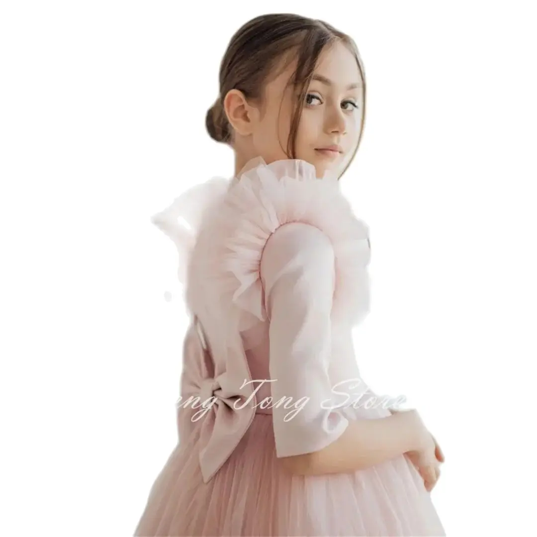 Light Pink Flower Girl Dresses for Wedding Party,Tulle Bow Half Sleeve