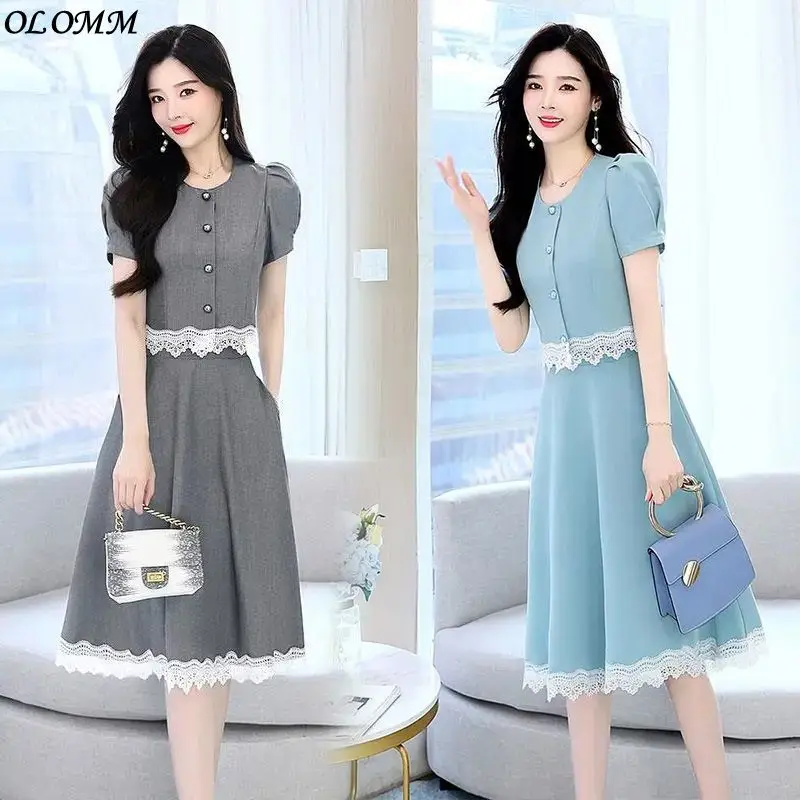 

Small Fragrance Fashion Lace Edge Splicing Dress 2022 Summer Style Thin Suit Shirts Jk Uniform Two Piece Skirt Set Blue Gray