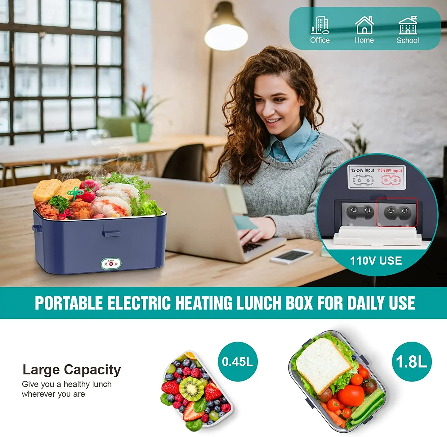 Vingud Contenitore per il pranzo elettrico, riscaldatore per alimenti, 1,8 l, per lavoro/auto/camion, per adulti, con contenitore in acciaio inossidabile da 1,8 l, 12 V, 24 V, 110 V (verde e grigio