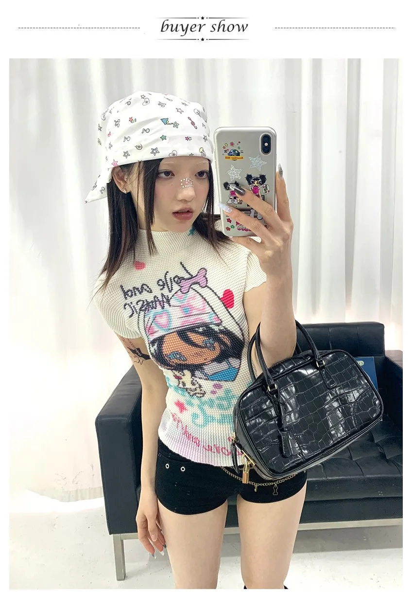 Karrram Japanisches Y2k Anime Print T-Shirt 2000er Jahre Ästhetik Kawaii Crop Top Vintage Harajuku Cutecore Kurzarm T-Shirts Lolita – Detail 2