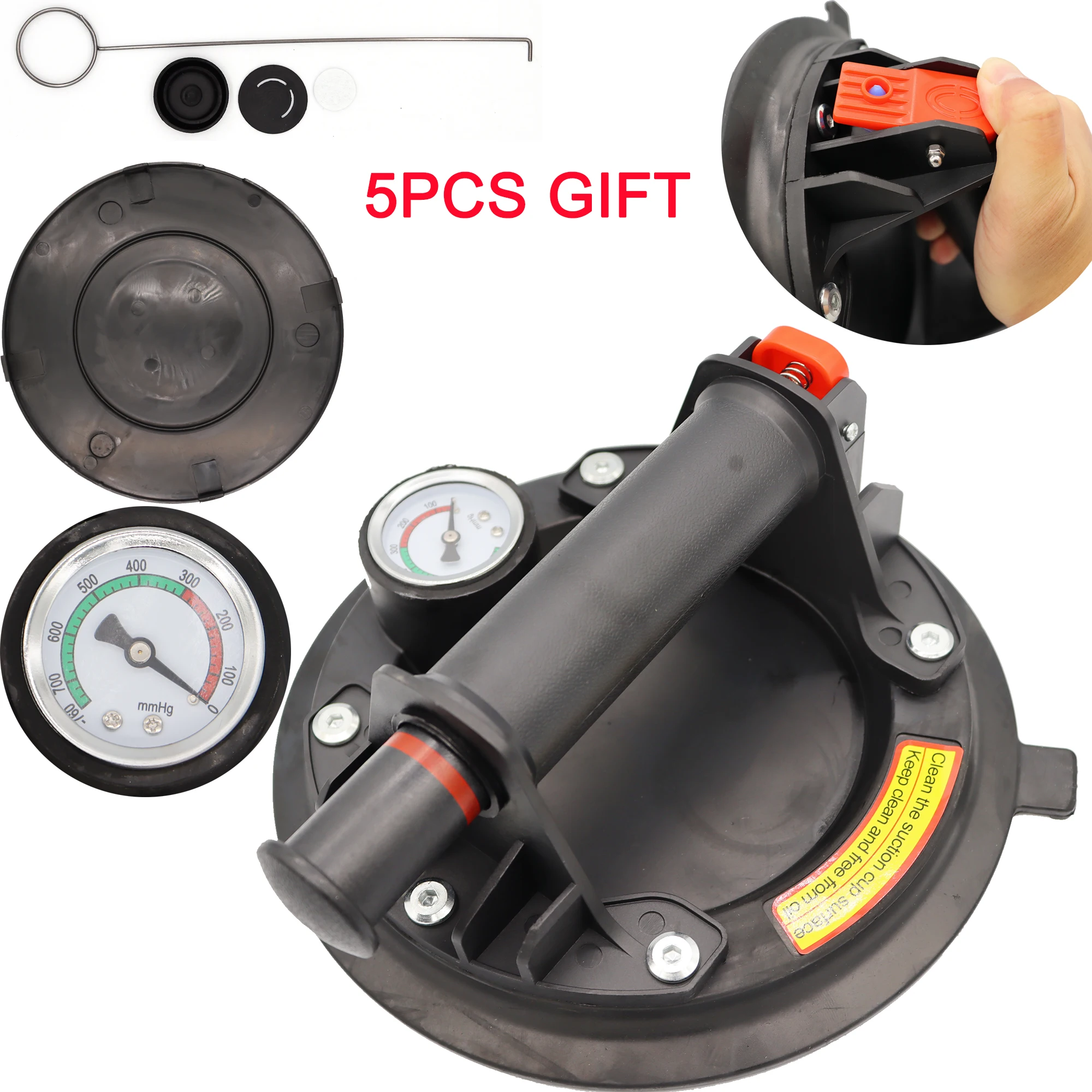 Vacuum Suction Cup Vacuum Sucker 8 Inch 250kg Vacuum Suction Cup with Pressure Gauge Plastic Handle Heavy Duty Lifter for Granite Tile Glass Manual Lifting