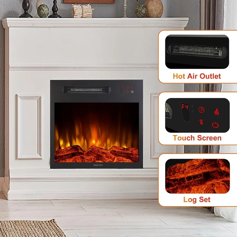 18 inch Built-in Electric Fireplace Insert Heater, Recessed Freestanding Fireplace Remote Control Touch Screen Adjustable Flame