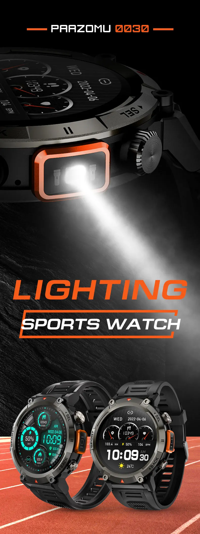 Montre connectée de sport pour hommes avec lampe de poche, moniteur de tension artérielle | Étanchéité IP67 pour Android IOS