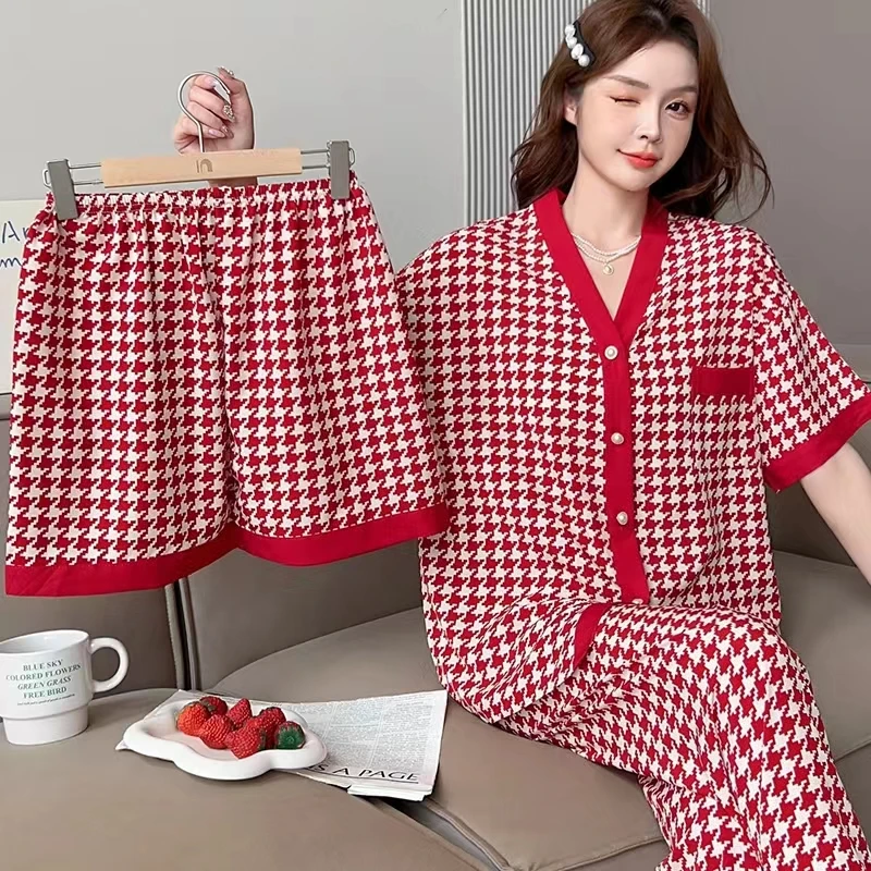 2024 Spring/Summer Wall Cotton Pajamas Women's Cardigan V-Neck Front Button Little Fairy Tulip Three Piece Home Suit Plaid Set