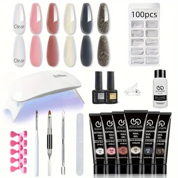 DOULINGDAI Poly Nail Extension Gel Kit-6 Colors Poly Nails Gel Kit Nude Clear Jelly Pink All In One Kit Builder Glue Gel with Nail Lamp Base Top Coat Set Nail Forms French Manicure Set for Beginner Starter DIY at Home Mother's Day Gifts.
