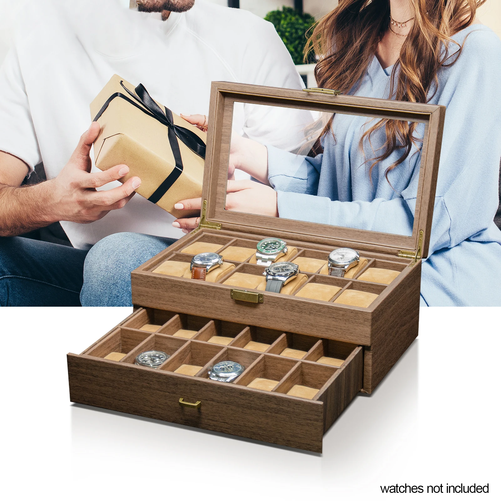 Watch Storage Box 24 Grid 2 Layers Glass Lid
