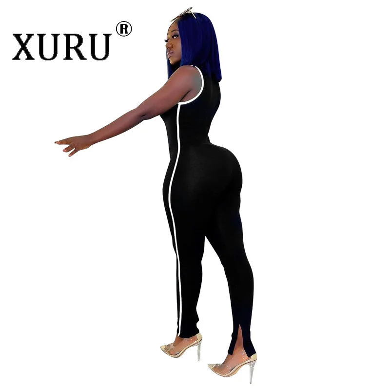 

XURU-sexy Striped Split Sleeveless Hip Lifting Sports Jumpsuit, European and American Women's New Summer Black Jumpsuit 60A2778