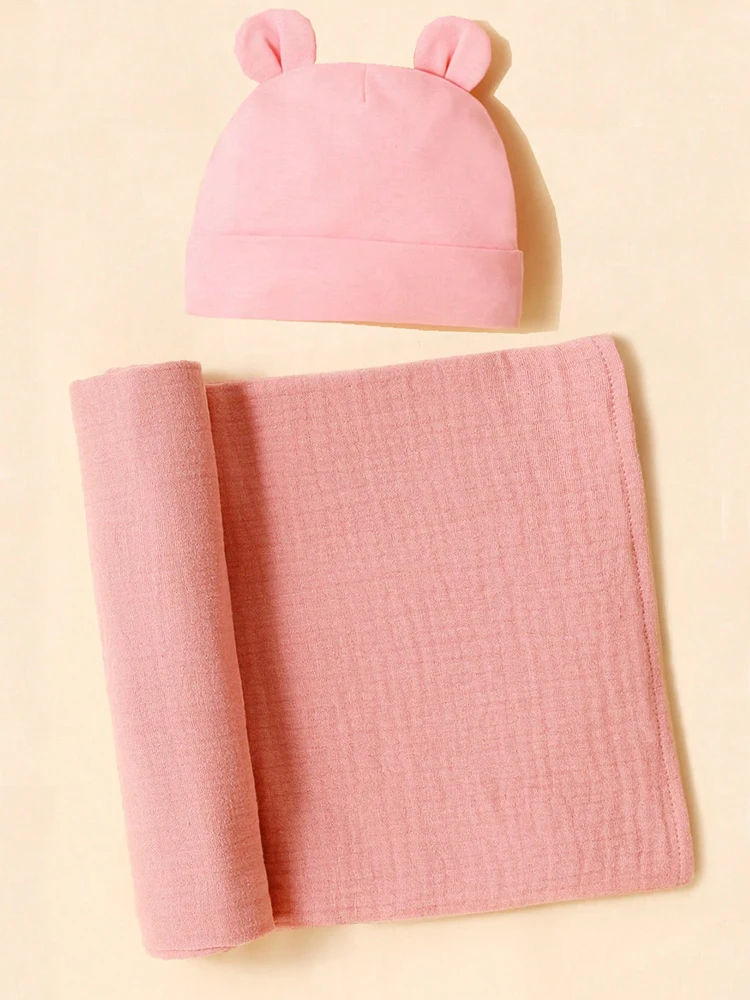 2pcs baby blankets+cute solid color cute baby brine door hat autumn/winter newborn hat children's accessories