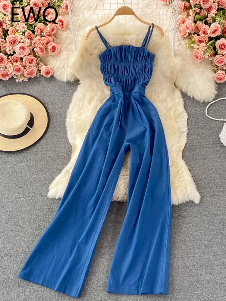EWQSweetStyleWomenJumpsuitsSlashNeckStraplessDenimSleevelessSolidHighWaistJumpsuit