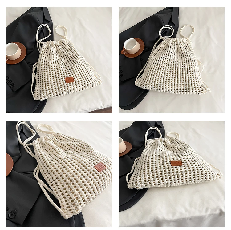 Trendige gewebte Tasche mit Kordelzug, großes Fassungsvermögen, hohles Design, praktischer Rucksack für Pendeln und Einkaufen – Detail 11