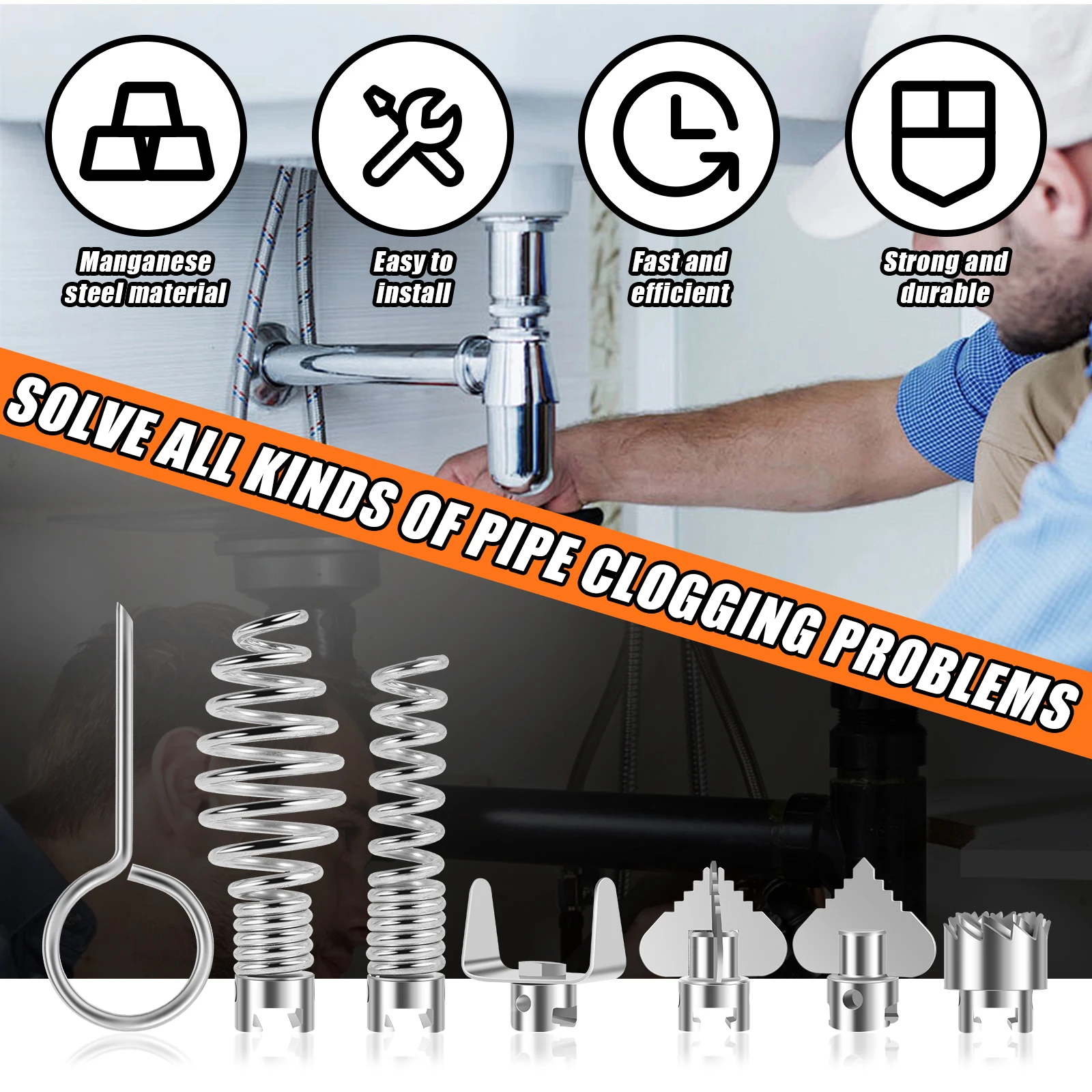 14Pcs Drain Cleaner Combination Cutter Head Set Manganese Steel Pipe Dredge Cutter Head Set Rustproof Spring Automatic Locking