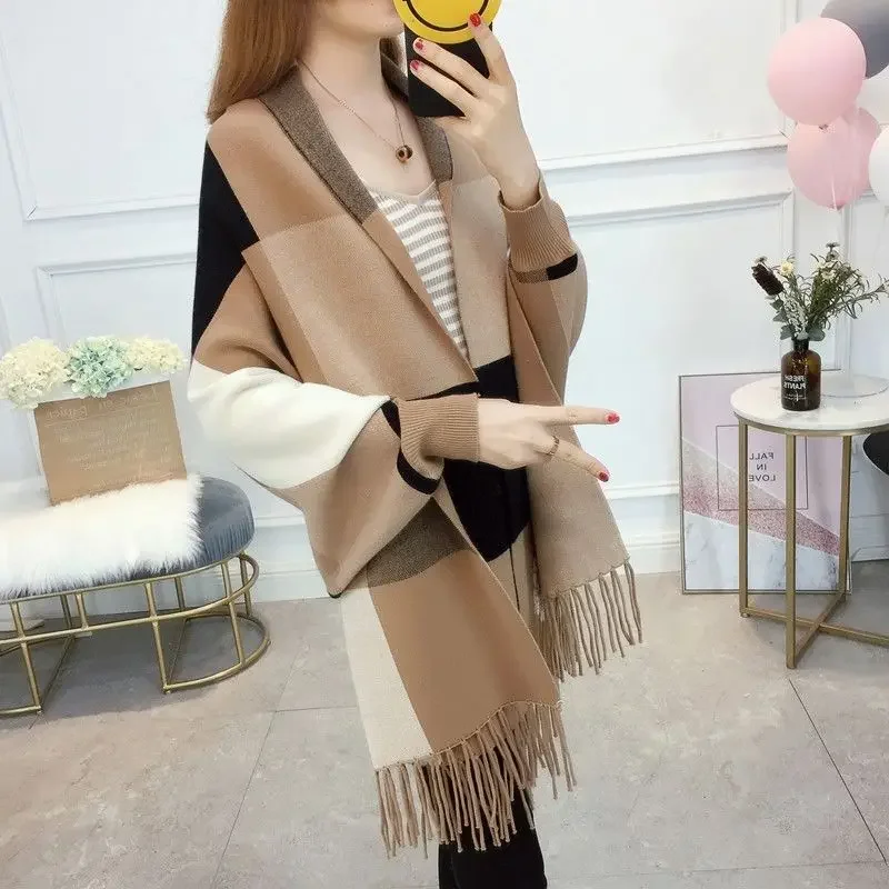 

Cardigan Poncho Tassel Knitted Sweater Coat 2024 Women Vintage Fashion Casual Loose Shawl Capes & Ponchos Outerwear Female Q388