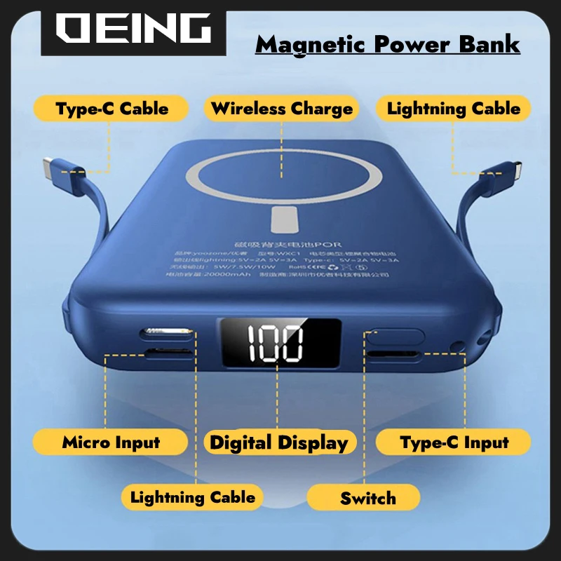20000mAh Magnetic Power Bank Wireless Macsafe Powerbank External Spare Battery Portable Charger For iPhone Xiaomi Huawei Samsung 5