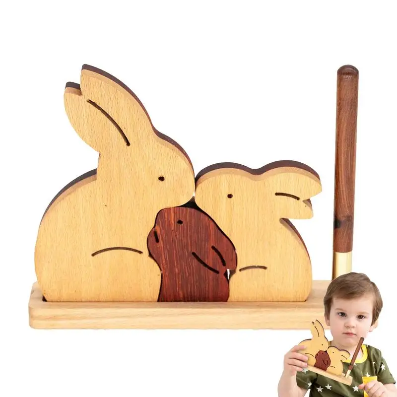 Wooden Rabbit Decor 3pcs Rabbits Cute Animal Puzzle And Desk Decor Wooden Animal Pen Holder With Pen And Base For Kids Room