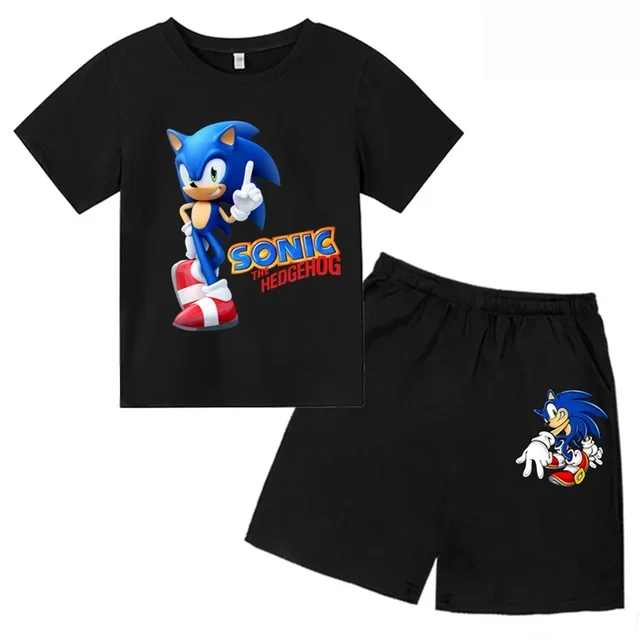 thumbnail image 1 of Conjunto de 2 piezas de camiseta y pantalones cortos de Sonic de dibujos animados para niño y niña, camiseta deportiva informal de manga corta de verano para niño y niña, ropa para bebé, 1 of 5