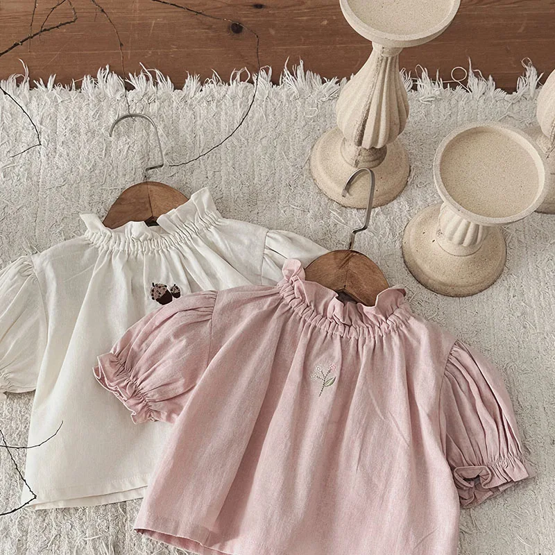 2026 Summer Baby Blouse Lovely Girls Embroidered Flowers Pullover Sweet Infant Ruffled Collar Shirt Toddler Clothing