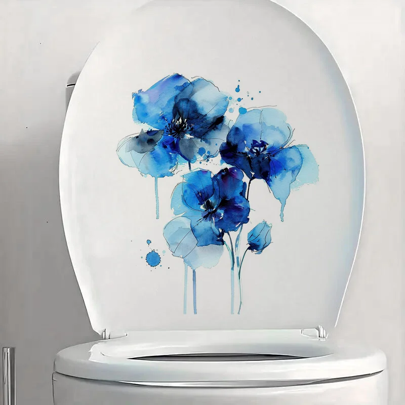 C1118# Various Blue Flowers Toilet Stickers, Bedroom Entryway Living Room Porch Home Decoration Wall Stickers, Removable Sticker
