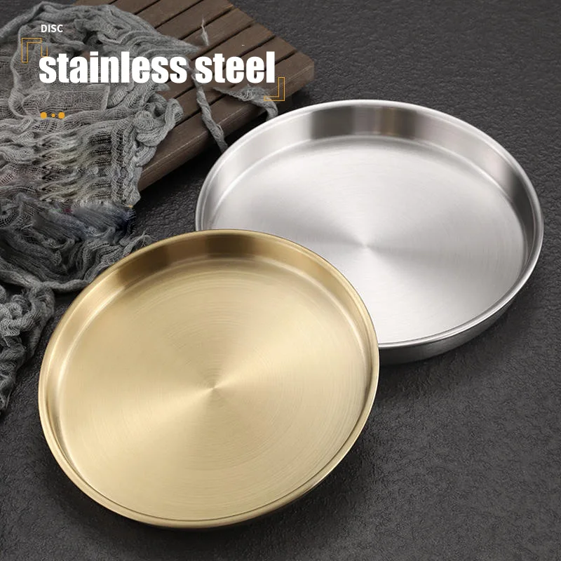 304 Stainless Steel Plate Disc Commercial Golden Flat-bottomed Tray Thickened Cold Skin Sausage Powder Plate Steaming Dish