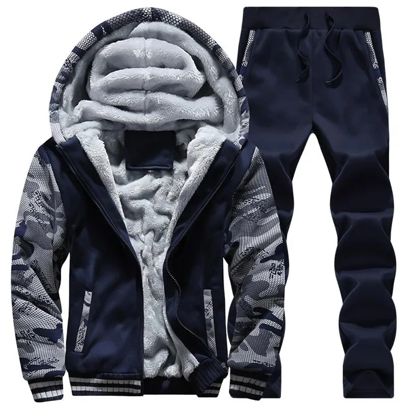 Causal Tracksuits Men Sets Hooded Thicken Fleece Hoodies + Sweatpant Winter Spring Sweatshirt Sportswear Male Letter Print